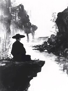 静坐打坐水墨山水