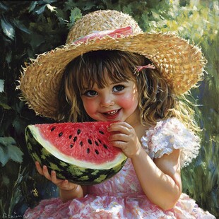 手绘西瓜与小孩