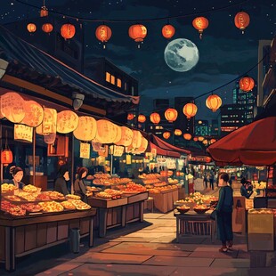 手绘夜市场景