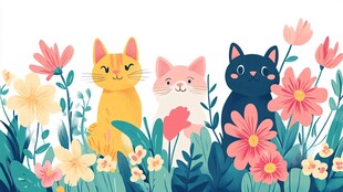 花丛边的猫咪插画