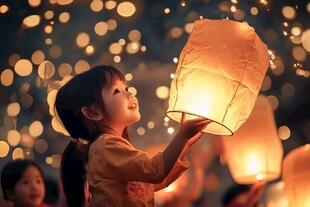 小女孩抱河灯