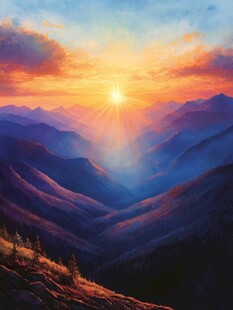 山区日出风景画