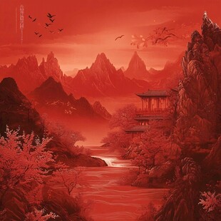 质感红色山水背景墙