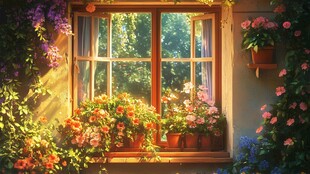 开满鲜花的窗户插画