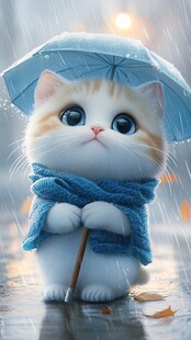 雨天伞下躲雨猫咪插画