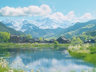 蓝天白云雪山草地湖泊