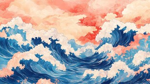 浪花纹理工笔重彩风格