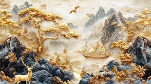 金色浮雕山水画