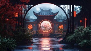 中式古代建筑雨景