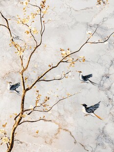 蓝调花鸟树枝背景