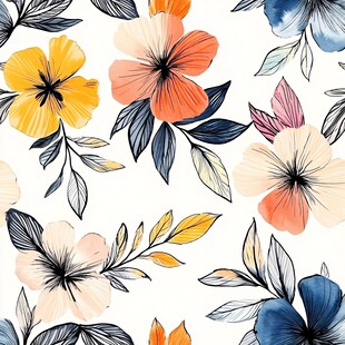 数码印花图案手绘花卉