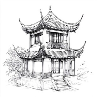 中式建筑钢笔插画