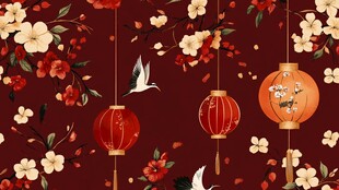 新中式手绘红色花鸟