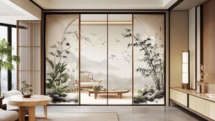 新中式手绘竹林花鸟