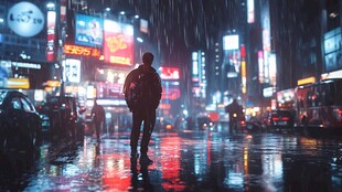 夜晚雨中行走的人