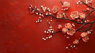 工笔手绘红墙梅花
