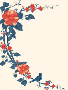 新中式手绘红色花鸟