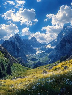 蓝天白云山脉草地背景