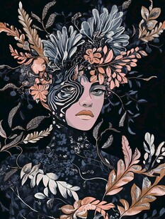手绘抽象女人花草插画