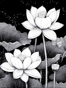 荷花手绘黑白