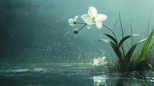 唯美白花背景河岸小花