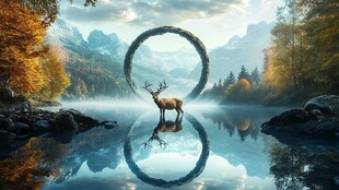 立体山水麋鹿圆框画