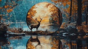 立体山水麋鹿圆框画
