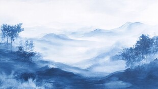 蓝色调山水画