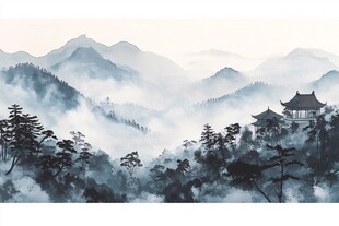 插画横店水彩水墨山水