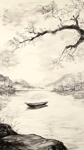 竖版水墨山水画