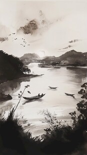 竖版水墨山水画