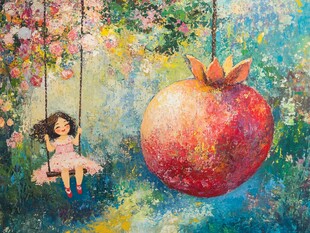 手绘座在苹果上的姑娘
