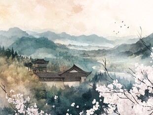 插画横店水彩水墨山水