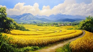 稻田油画背景素材