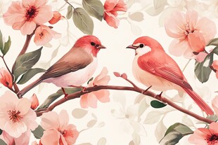 新中式手绘红色花鸟