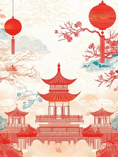 楼阁亭台画线描背景