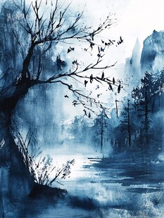 蓝色风格水墨风光