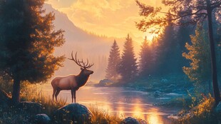 北欧森林麋鹿风景画