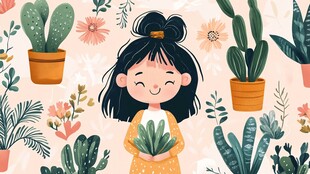 女孩捧花微笑插画