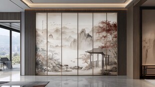 山水画玻璃屏风