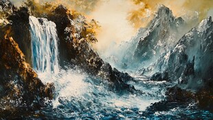 风雪流水山脉油画