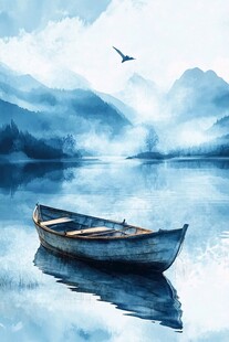 意境湖泊小船