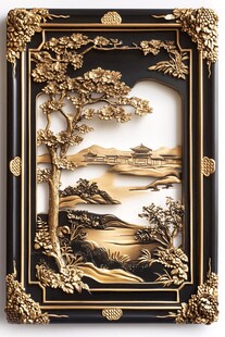 金色浮雕山水