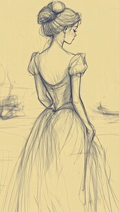 手绘女孩婚纱背影