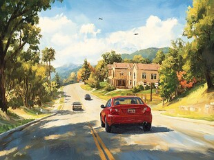 马路上的红色轿车