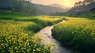 小河两岸菜花黄