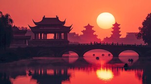 亭台楼阁旭日东升