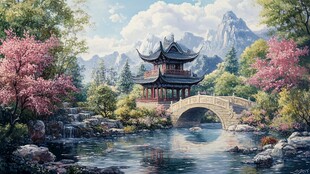 古风亭台楼阁油画