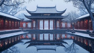 中式古典园林雪景