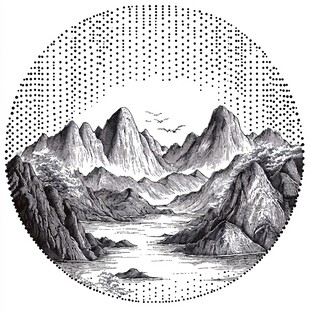 圆形手绘山水